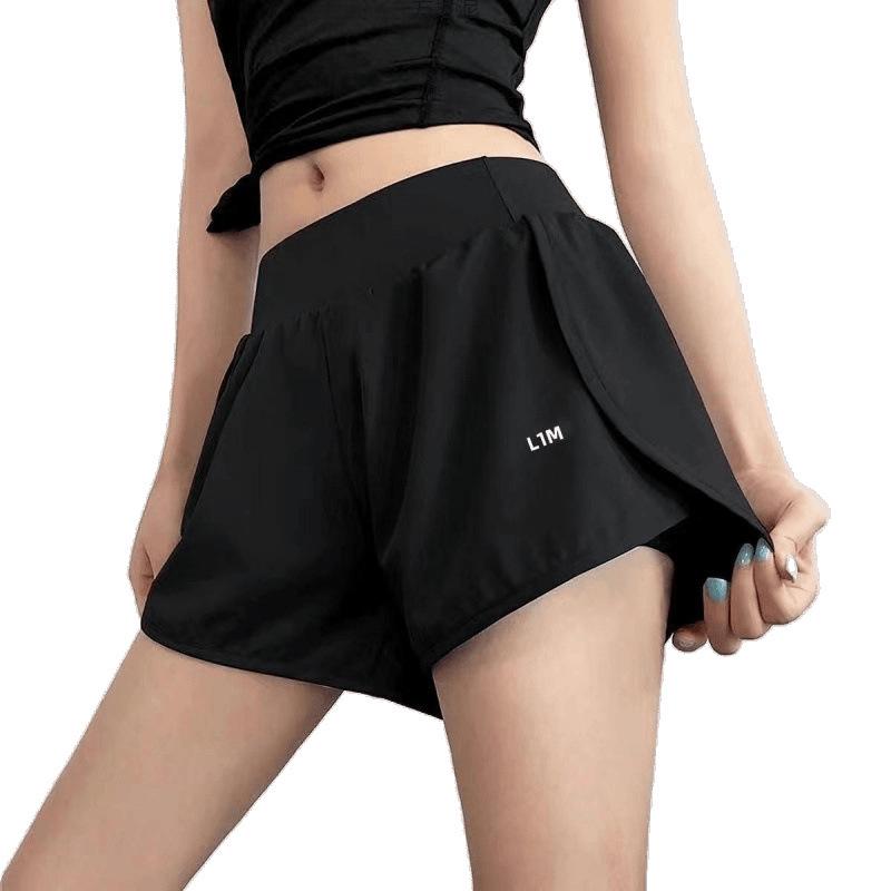 Women's High Waist Double Layer Sports Shorts with Pockets for Running & Yoga