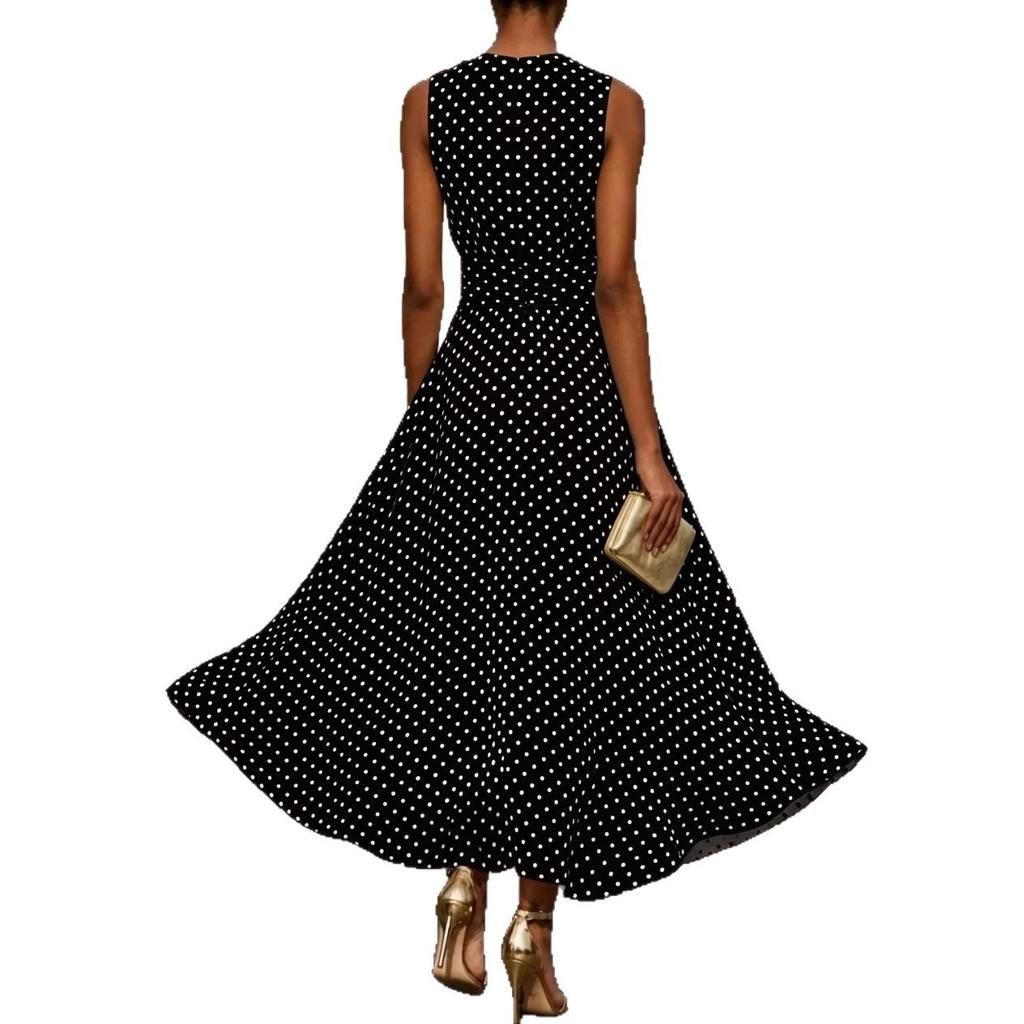 Spring new models, European and American polka dot sleeveless dress for women, French waist temperament long dress, thin A-shaped dress for women