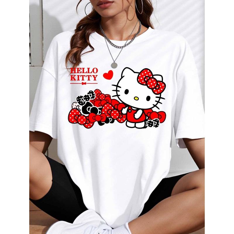 Hello Kitty Red Bow Printed Womens Tshirt Summer Fashion Pattern Short Sleeve Shirt Cute Cartoon Design Trendy Street Style Top S