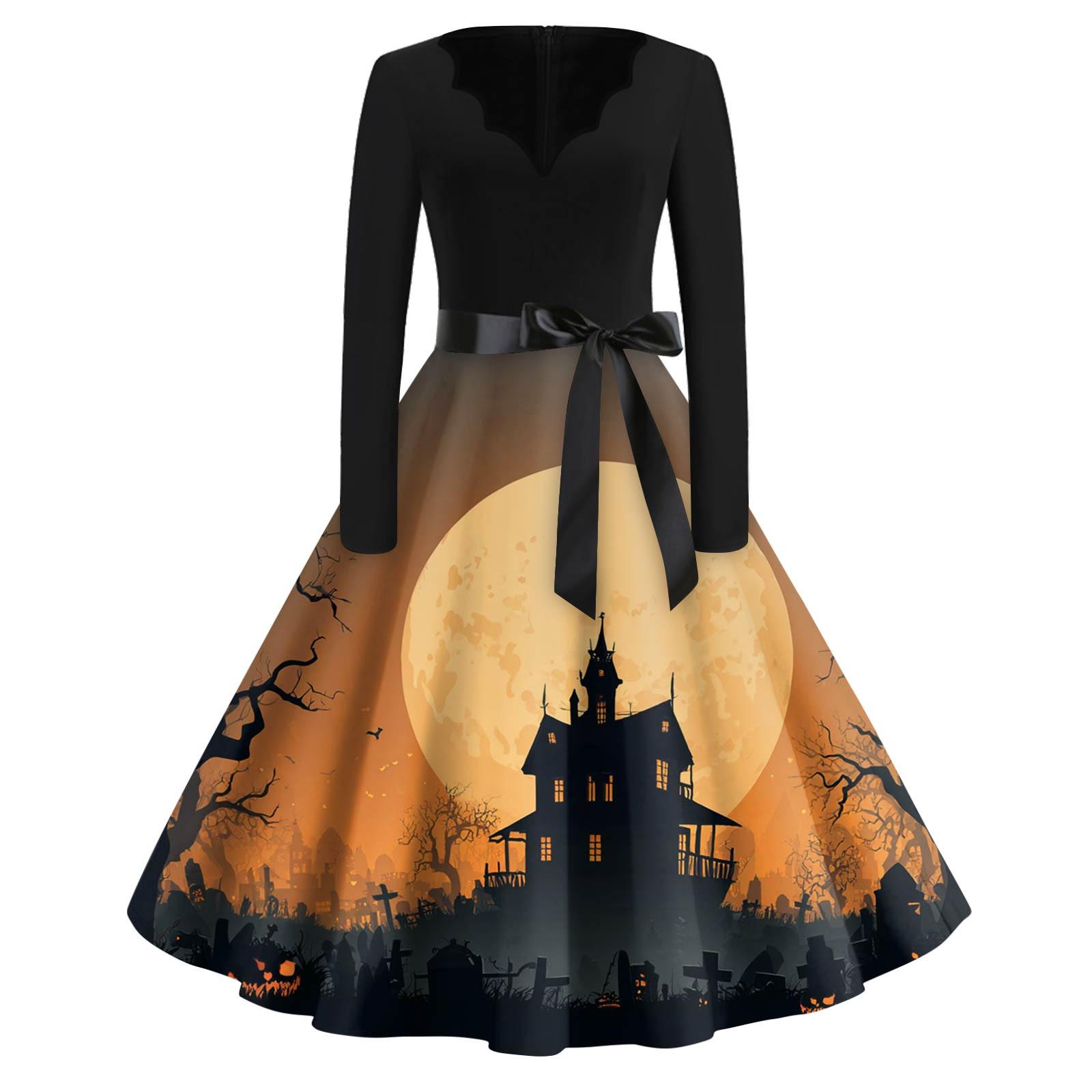 

Женская мода с v-образным вырезом, повседневные тонкие платья с длинными рукавами и принтом на Хэллоуин XXL