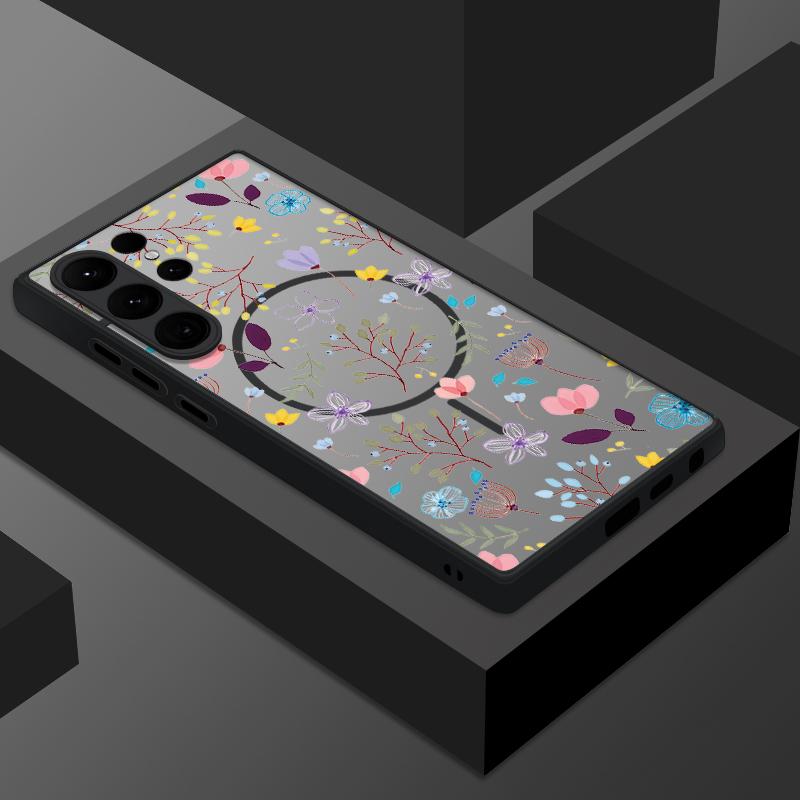 Floral Print Matte Clear Phone Case For Samsung S25 Ultra S24 FE S23 Plus S22 S21 Wireless Charge Magnetic Hard PC Shockproof Soft Edge Bumper Cover