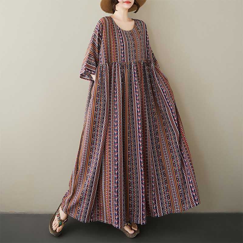 Летнее ретро платье этнического стиля с круглым вырезом и короткими рукавами в полоску, уменьшающее возраст One size