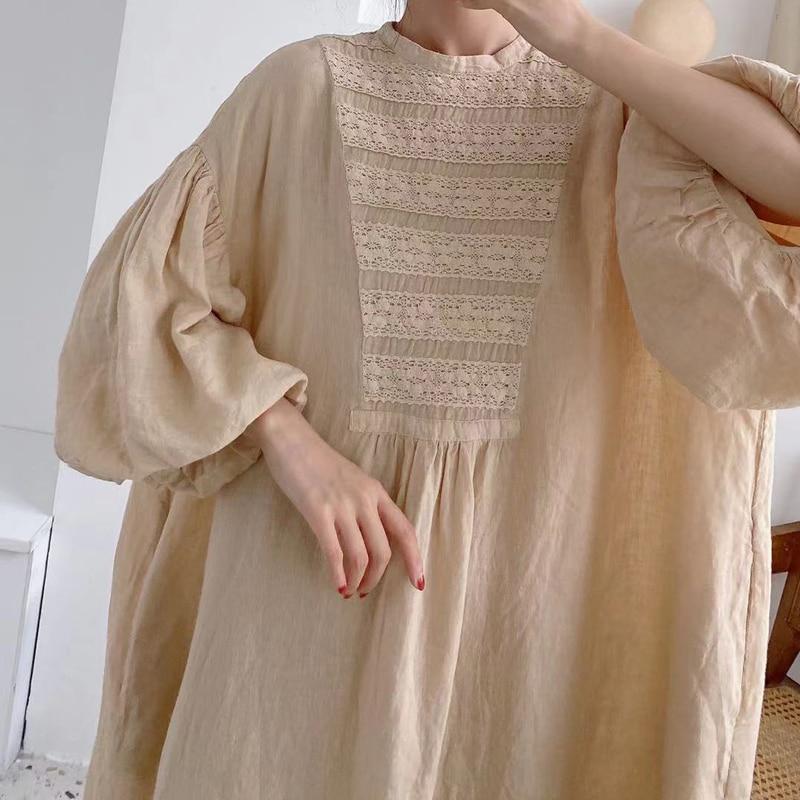 Johnature Rochii de in dantelă vintage mozaic femei de vară rochie de femeie de culoare solidă cu mânecă lanternă