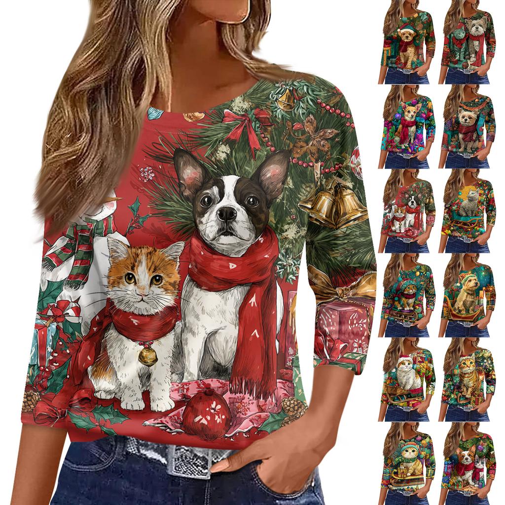 3/4 Sleeve Shirts For Women Print Graphic Tees Blouses Casual Plus Size Basic Tops Pullover