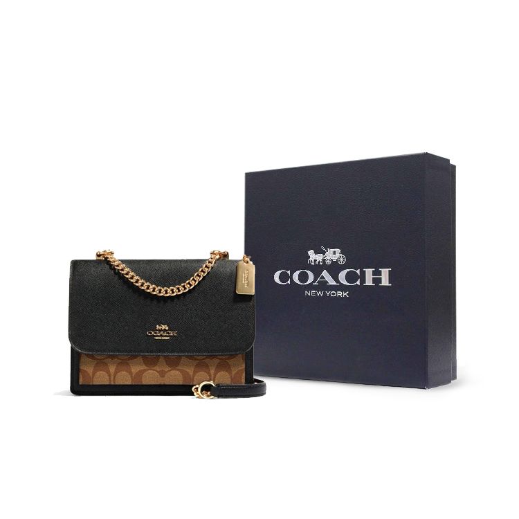 Coach Klare 21 Classic Logo Color Block Chain Shoulder Tote Coated Canvas And Leather Crossbody Bag Small Women Bags Black Brown 91019-IMCBI