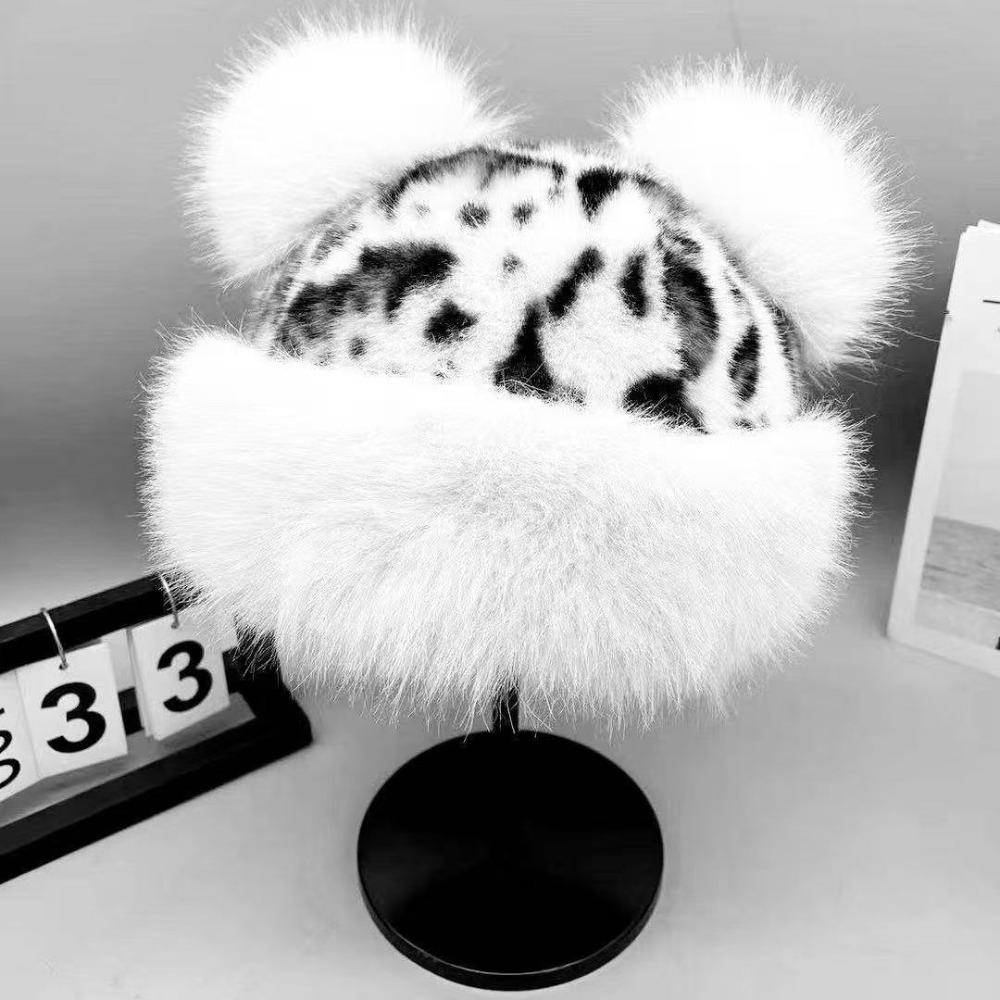 With Ear Lovely Women's Cap Leopard Print Warm Fluffy Faux Fur Bucket Hat Ear Protection Cap