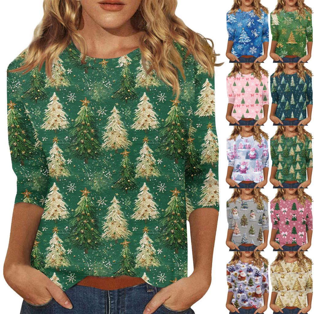 3/4 Sleeve Shirts For Women Print Christmas Tees Blouses Casual Plus Size Basic Tops Pullover