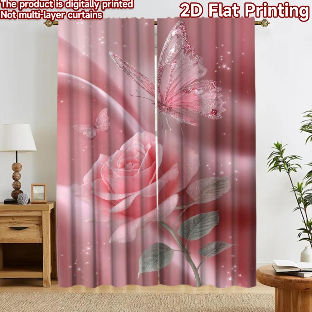 2D Flat Printing 2pcs Curtain Curtains Valentine's Day Butterfly Rose Digital Printed Polyester Drapes Birthday Party Perfect
