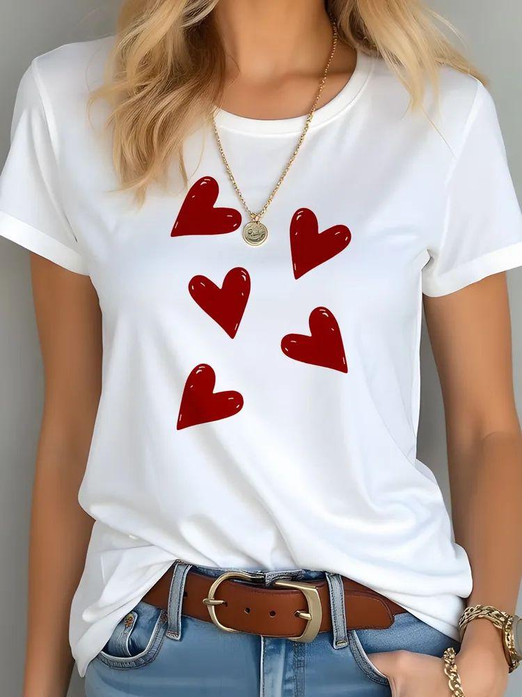 Plus Size Printed Women T Shirts O-Neck Heart Flowers Short-Sleeves Tops