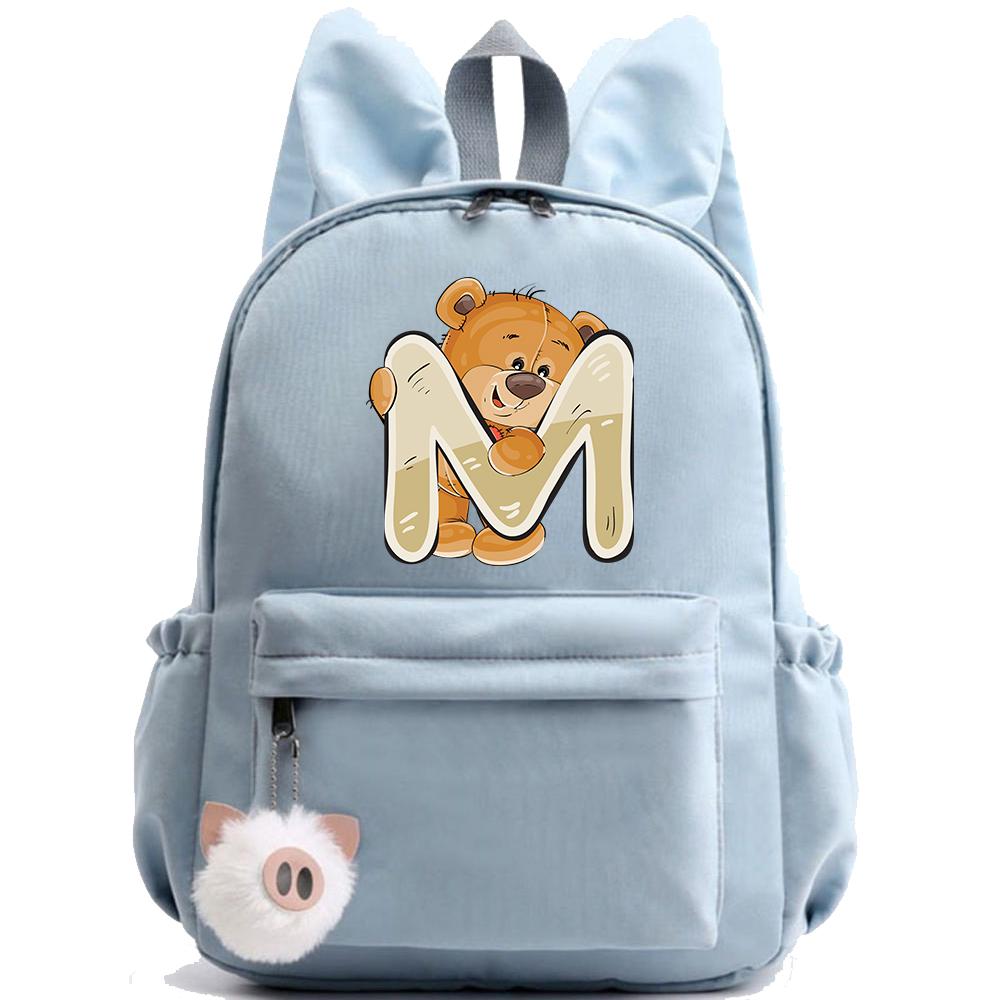 Little Bear 26 English Letters Backpack Printed School Bag for Teenager Kid Boy Girl Student Cartoon Bookbag Outdoor Rucksack