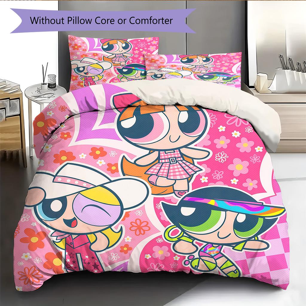 Σετ Κουβέρτας Κρεβατοκάμαρας με Σχέδιο Powerpuff Girls Διακόσμηση Σπιτιού Δώρο (1 * παπλωματοθήκη + 2 * μαξιλαροθήκη χωρίς πυρήνα)