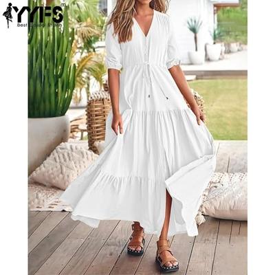 Kadın Moda Yaz Bahar Düz Renk Baskı Kısa Kollu V Yaka Yüksek Bel Günlük Elbiseler