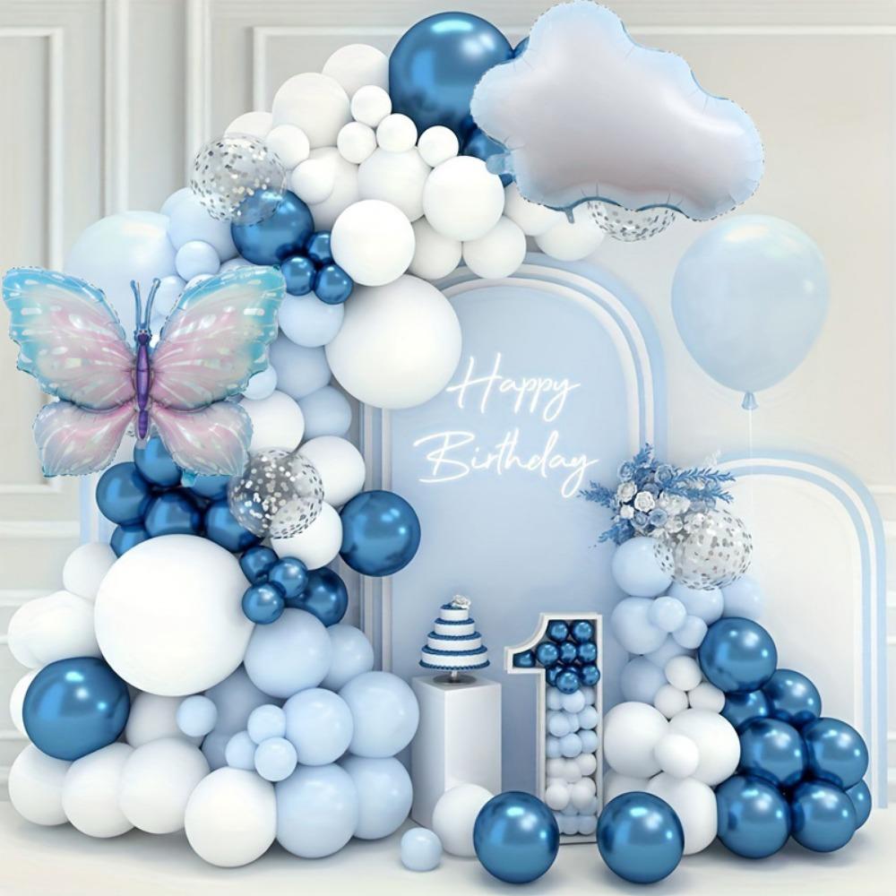 122PCS Blue Balloon Wreath Arch Kit, White Cloud and Butterfly Aluminum Film for Wedding, Birthday, Anniversary Decoration