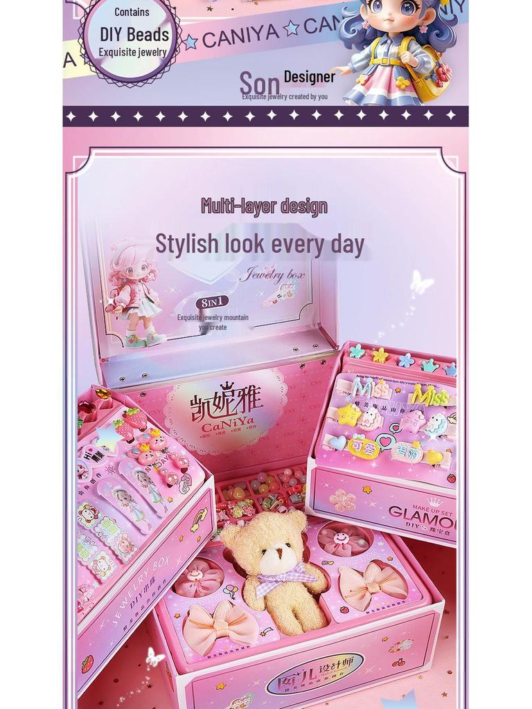 Kids' Hair Accessories & Jewelry DIY Set - Necklace, Hair Clips, Beaded Box Gift for Girls
