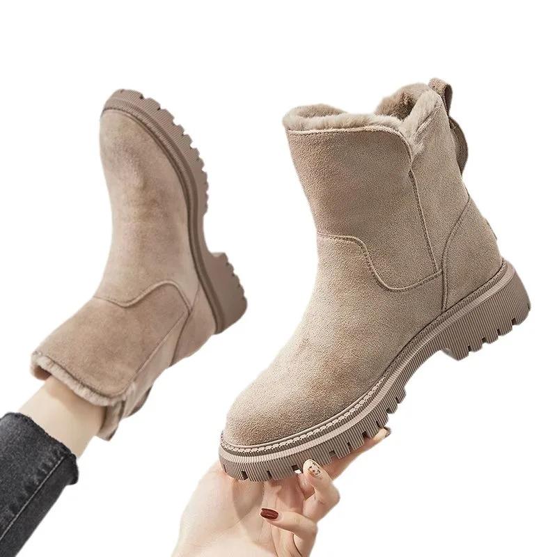 Fashion Women's Snow Boots Fur Element Winter Season Mid-Tube Plus Velvet Thickened Warm Cotton Shoes Integrated Platform Female Booties