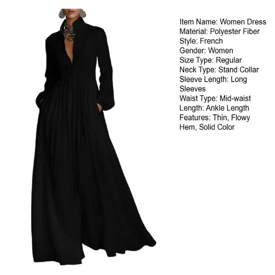 Abito da Donna con Collo Alto Manica Lunga Bottoni Davanti Maxi Abito con Tasche Funzionali Pieghettato