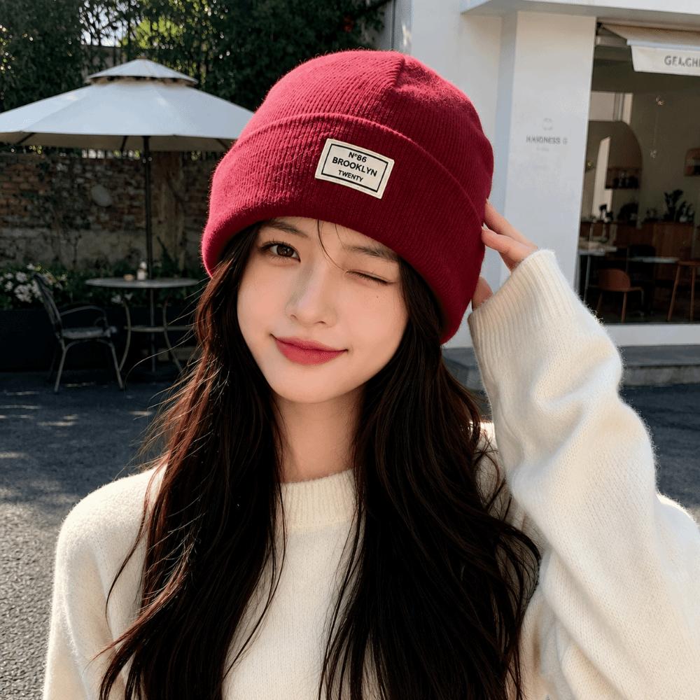 Letter Patch Pullover Cap Solid Color Crochet Hats Fashion Knitted Hat  Men