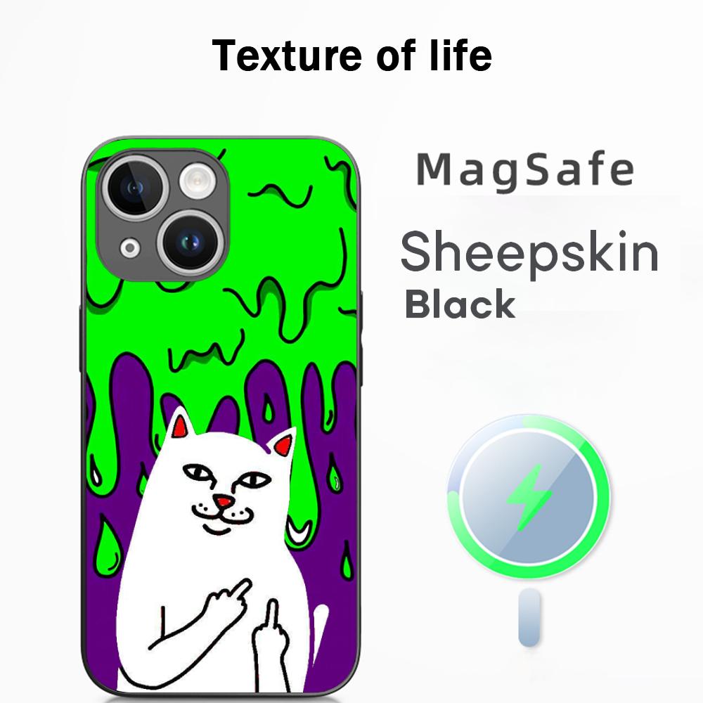 Fashion hip hop middle finger cats ins Phone Case For iPhone 16 15 14 13 12 11 Plus Pro Max  High-end Luxury Magsafe Sheepskin