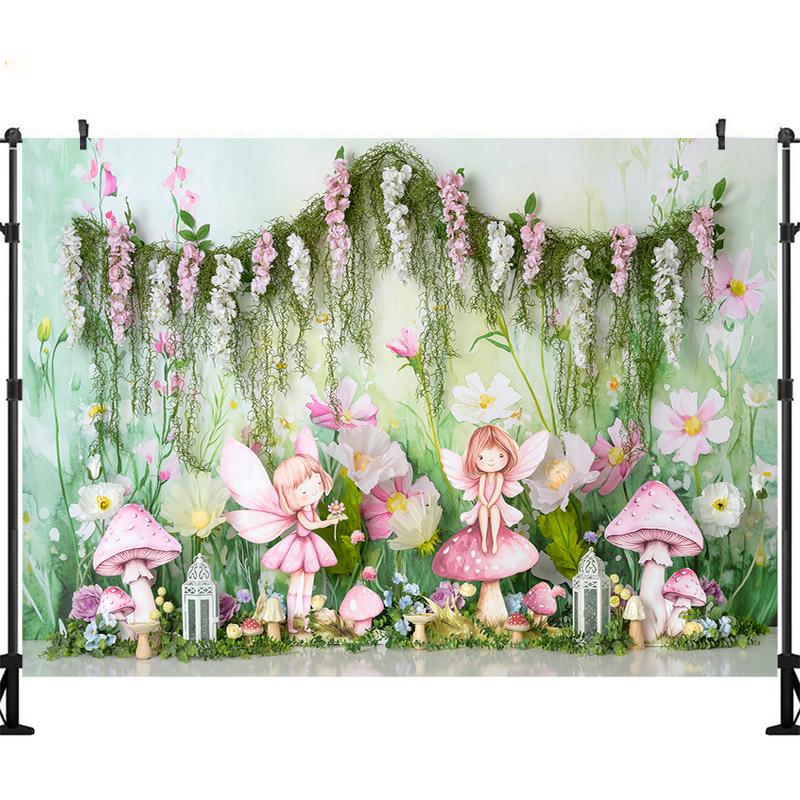 LS Fairy Girl Mushroom Mystery Garden Backdrops Kids Baby 1st Birthday Cake Smash Props Child Spring Floral Props Backgrounds