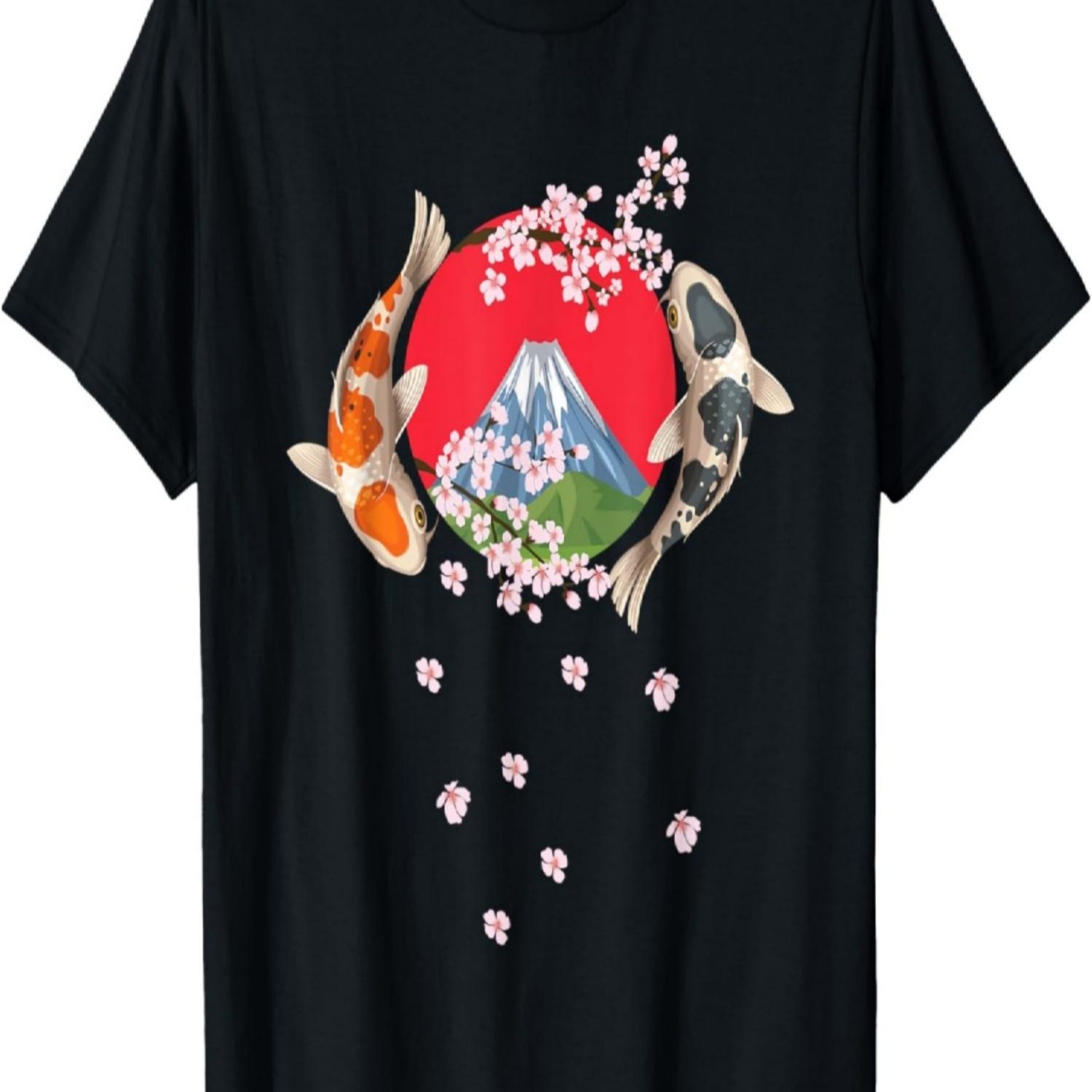Nishikigoi  Koi Carp Fish Cherry Blossom Mount Fuji T-Shirt S