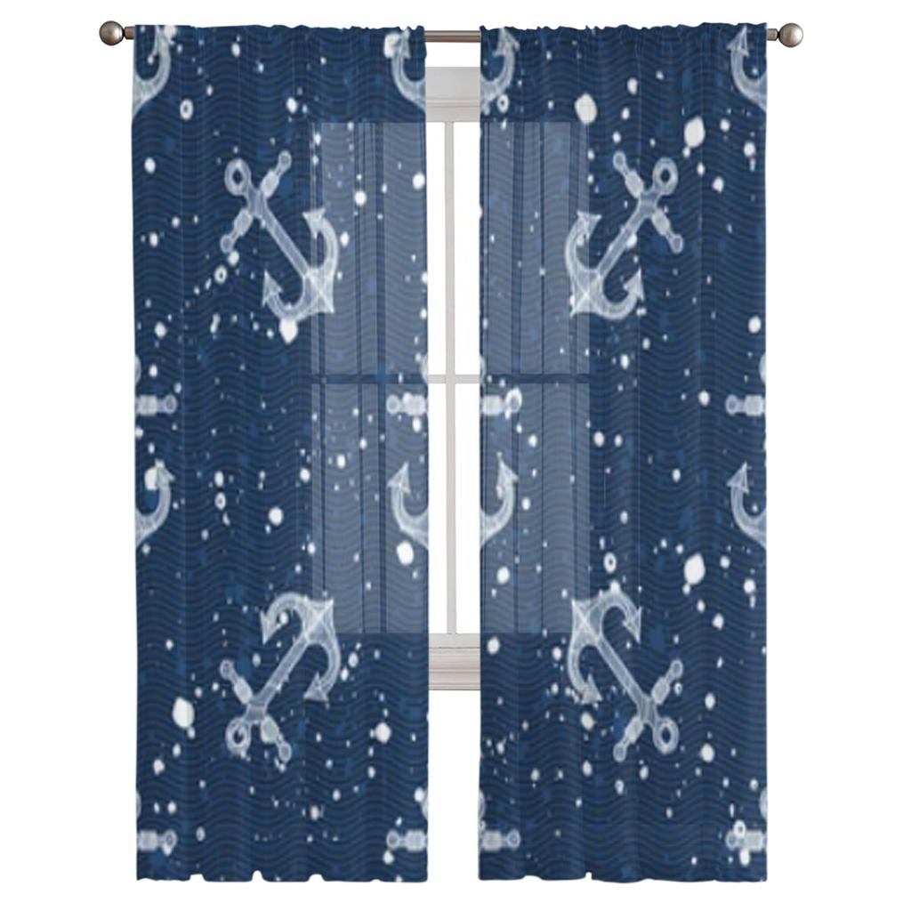 Ankare Mörkblå Skira Gardiner för Vardagsrum Transparent Tyll Fönsterbehandlingar Sovrum Kök Heminredning Slöja Draperier