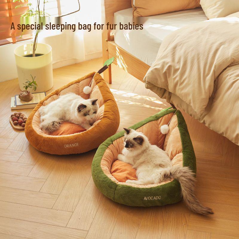 Avocado Cat Nest: Semi-Closed, Warm Orange Sleeping Bag & Litter Pad
