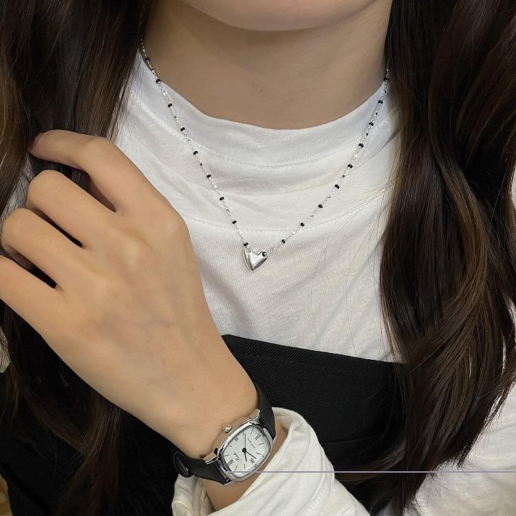 Sterling Silver Heart Pendant Necklace with Black Bead Clavicle Chain - Women's Niche Design, INS Style