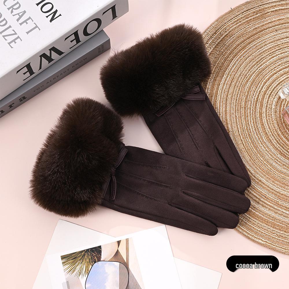 Women's Suede Velvet Bowknot Touchscreen Gloves - Warm & Cozy for Autumn/Winter