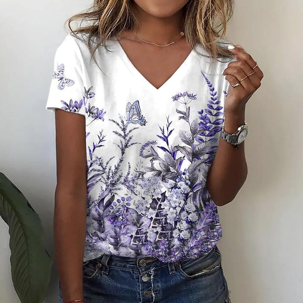

Summer women s short-sleeved V-neck loose T-shirt - Fashion women s T-shirt - 3D design - Casual clothing S