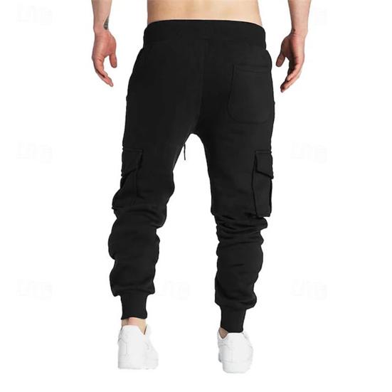 Men Cargo Pants Mid-rise Adjustable Waist Drawstring Casual Trousers with Reinforced