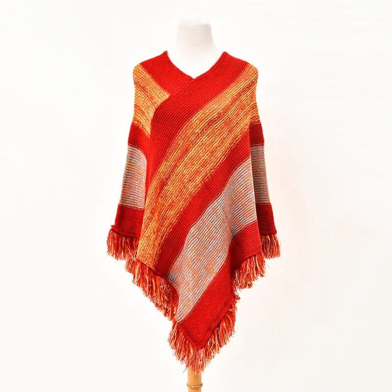 

5 цветов, женский полосатый пуловер с шалью и v-образным вырезом, свободный мягкий свитер, осенний уличный трикотаж, плащ, вязаная накидка-пончо с кисточками One Size красный