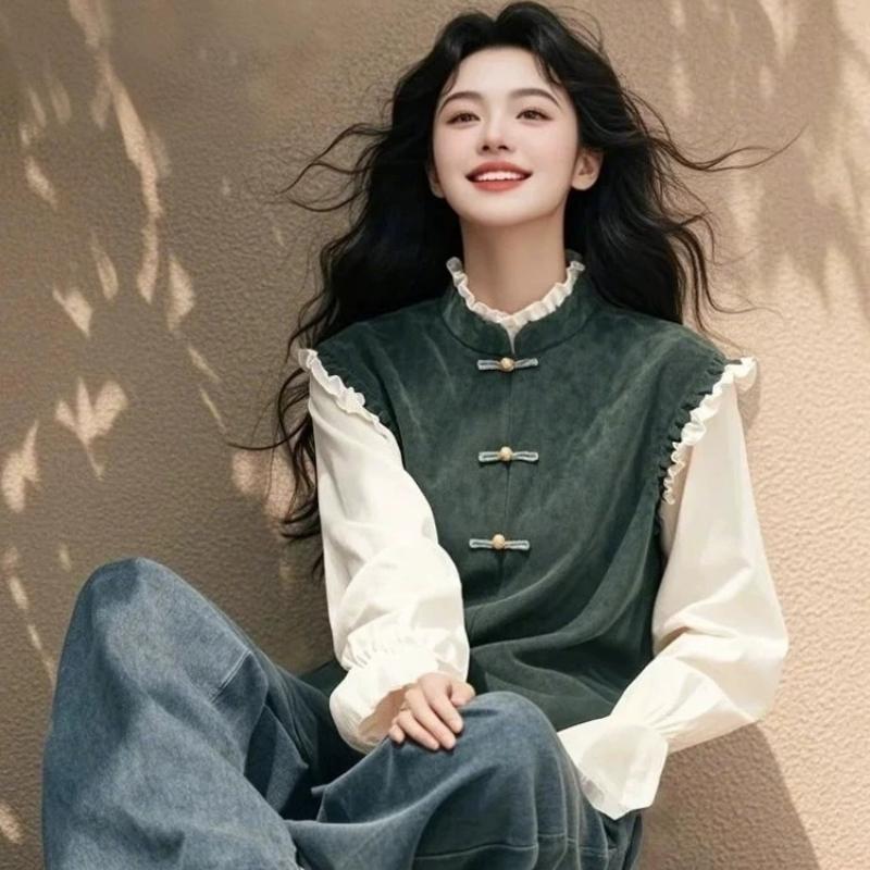 

Женские блузки в китайском стиле Корейские рубашки Свободные Весенне-летняя одежда Пэчворк Длинный рукав Винтажные Женские S зелёный