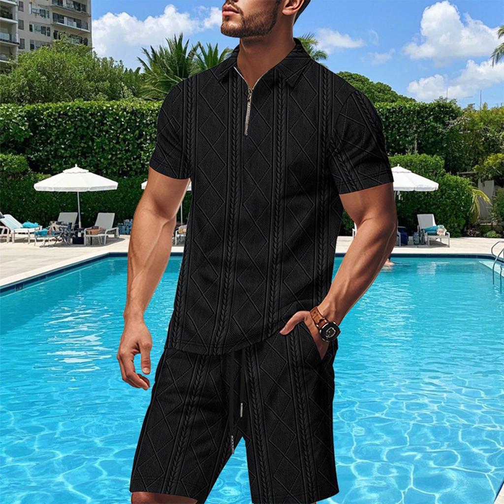 Men's Summer Solid Color Breathable Loose Zipper Short Sleeve Shirt Shorts Set