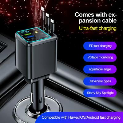 7-IN-1 Car Charger Retractable Type C Cable Fast Charge Cigarette Lighter Adapter Type C USB Charger For IPhone Huawei Samsung