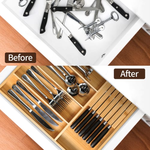 VaeFae Bamboo Silverware Organizer (Non-Expandable), Drawer Dish Holder, Wooden Cutlery Tray with Dividers for Kitchen Drawers, Dish Organizer with Kn
