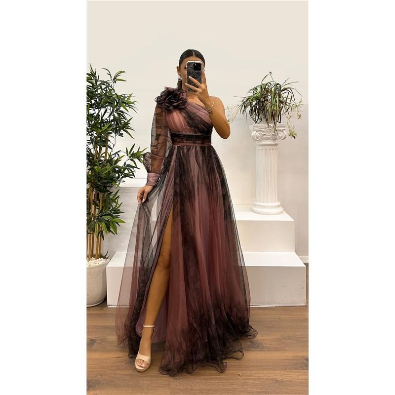 

Жіноча вечірня сукня з 3D-квітковим декором, плісирована на одне плече, плісирована сітчаста банкетна сукня з одним довгим рукавом, тонкою талією, трапеції, довжиною в підлогу, з розрізом, подолом, куля M рожевий