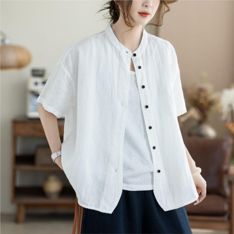 Johnature Women Vintage Shirts Tops Summer Chinese Style Solid Color Blouses Short Sleeve Pockets Female Shirts