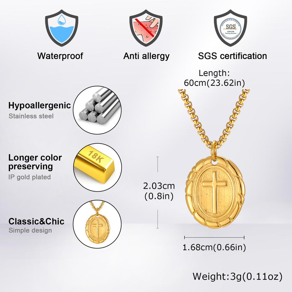 Vnox Oval Double Sided Cross Pendant Necklace for Men, Stainless Steel Gold Silver Color Chain Necklace Religious Faith Collar