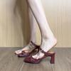 Retro Simple Red Square Head with Slippers Women's Open-toed Square Head High-heeled Temperament Sandals
