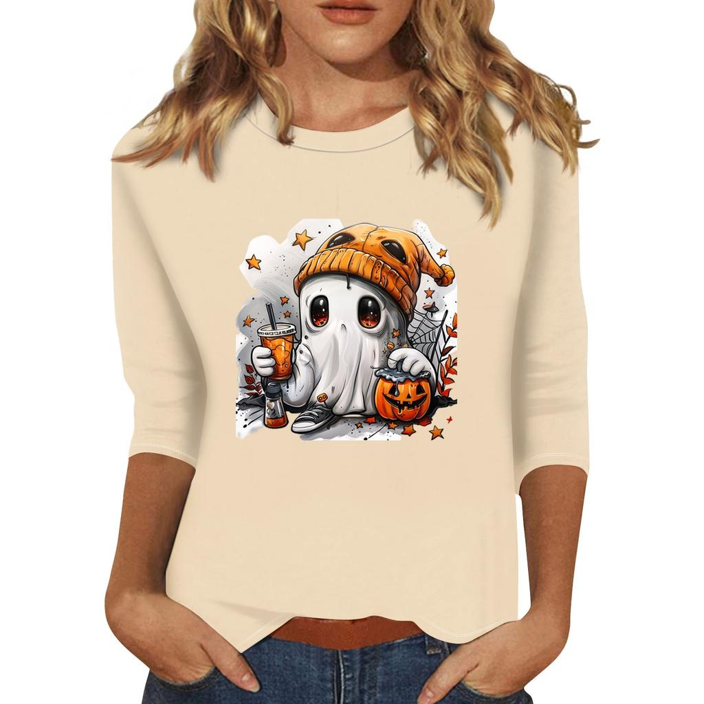 Women's Fashion Casual Three-quarter Sleeve Halloween Printed Round Neck Top