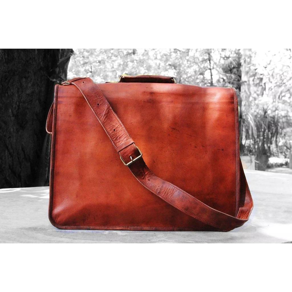 Laptop Bag Briefcase Men's Goat S Vintage Brown Leather Messenger Bag Shoulder