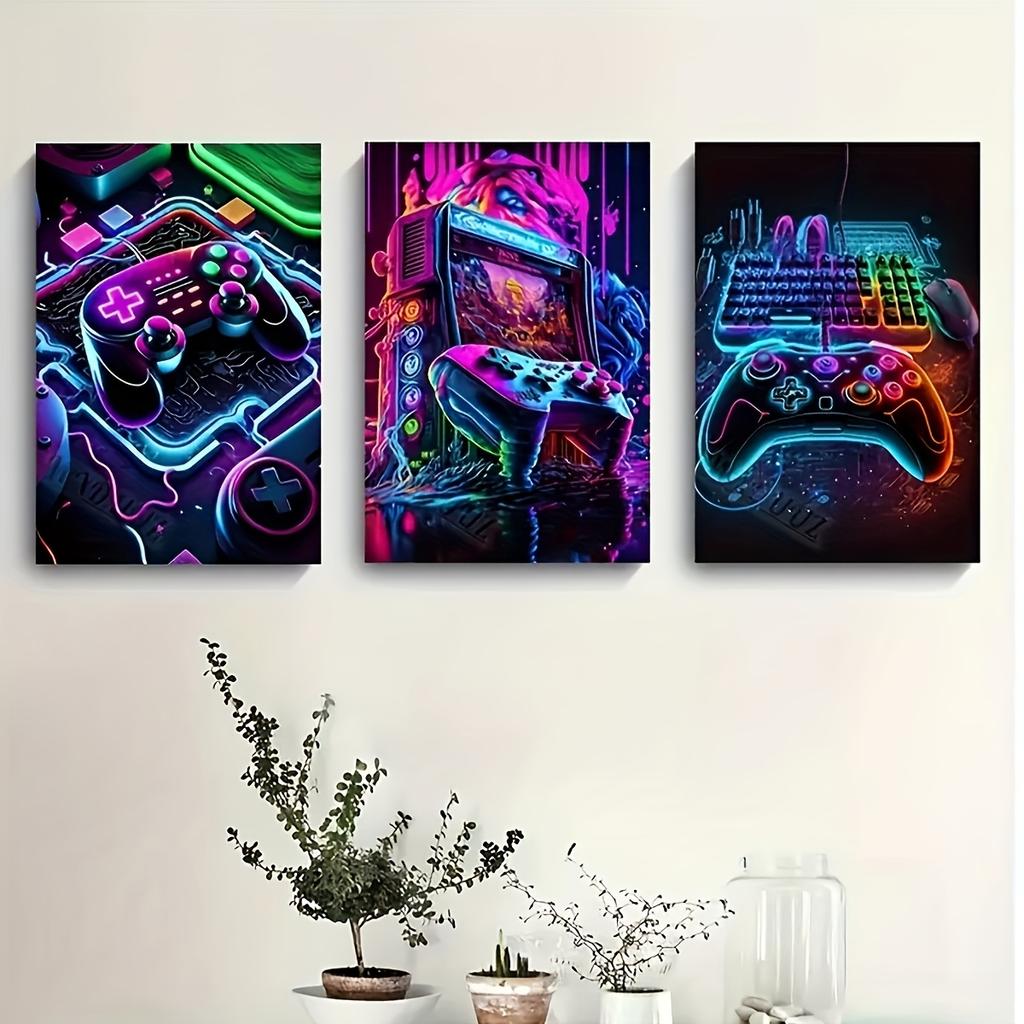 3pcs Vibrant Neon Game Console Canvas Art Print Set - Frameless, Colorful Gaming Wall Decor for Living Room, Bedroom, Office, Ki