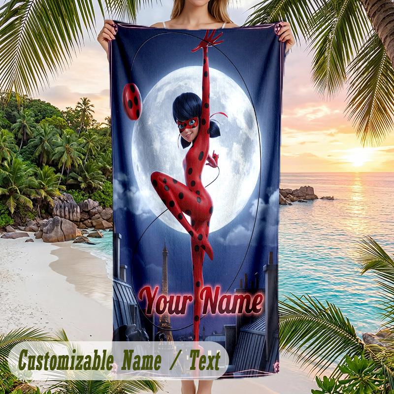 Asciugamano da Spiaggia Miraculous Ladybug, Testo Personalizzato su Misura, Asciugatura Rapida Morbido Grande Asciugamano per Piscina Viaggio