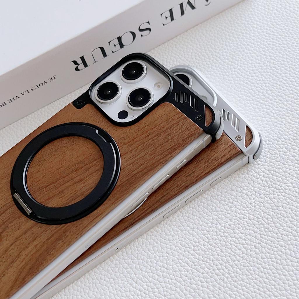Solid Wood Metal Aromatherapy Walnut Phone Case for Apple 17promax Rotating Bracket Magnetic Including Phone Grip