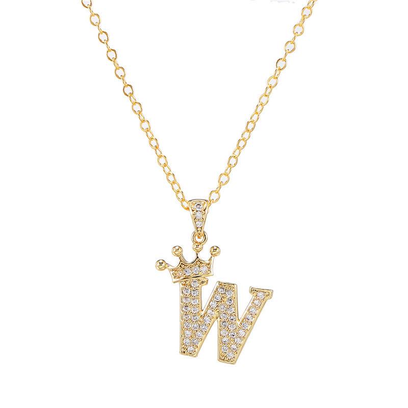 Fashion Cubic Zirconia Crown Letter Pendant Necklace Gold Hip Hop Punk Alphabet Jewelry
