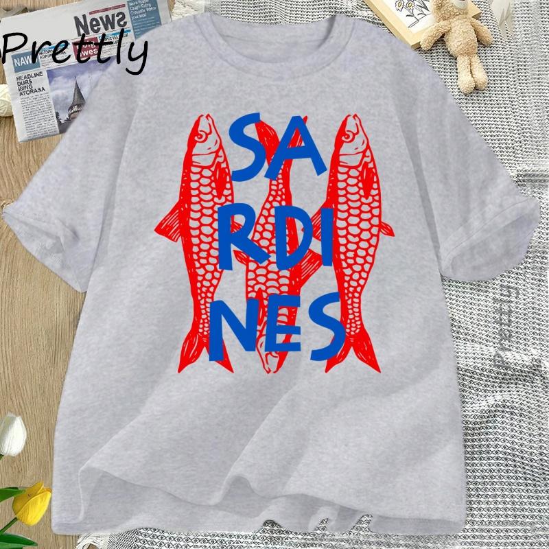 Sardines Graphic Tee Trendy Fish T-shirt Casual Short Sleeve Cotton T Shirt Streetwear Round Neck Tshirt Streetwear Cool Tees
