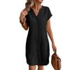 Women Casual Linen Cotton V Neck Short Sleeve Button Front Loose Fit Dress Lightweight Summer Tunic Dress with Pockets