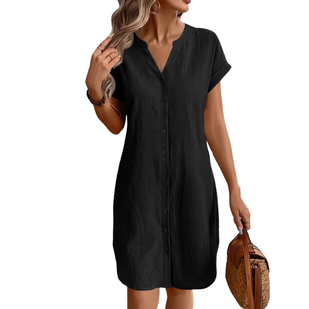 Women Casual Linen Cotton V Neck Short Sleeve Button Front Loose Fit Dress Lightweight Summer Tunic Dress with Pockets