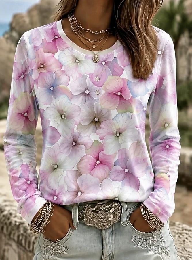 T-shirt Femme Impression Graphique Florale Mode Classique Décontracté Manches Longues Col Rond Hauts Regular Décontracté Quotidien Week-end