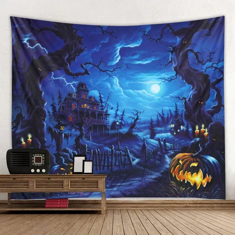 Ghost Horror Pumpkin Skull Bat Castle Halloween Tapestry Art Blanket Door Curtain Hanging Decoration Home Bedroom Living Room